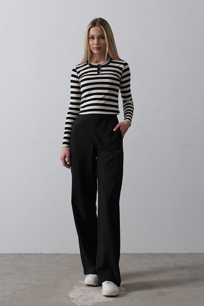 Moda Asmira Palazzo Trousers with Half Elastic Waist - Black