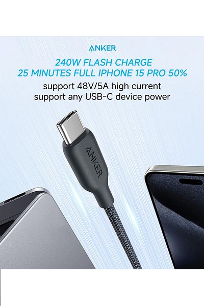 Anker 3ft Black Anker 240w Usb-c To Usb-c Cable Bio-based Nylon Braided Data Cable Environmentally For Iph