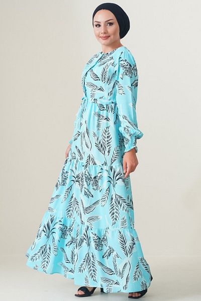 MRA Fashion 2145 Patterned Hijab Dress - Turquoise