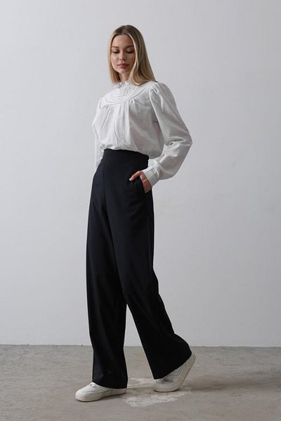 Moda Asmira Palazzo Trousers with Half Elastic Waist - Navy Blue