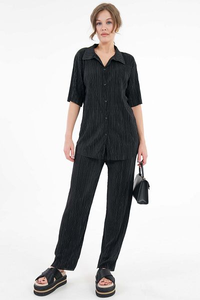 Saade Black Pleated Fabric Wide Collar Shirt - Elastic Waist Trousers Knitted Set