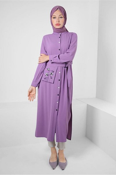 Alvina FLOWER EMBROIDERED BUTTONED BELTED LONG TUNIC 43732