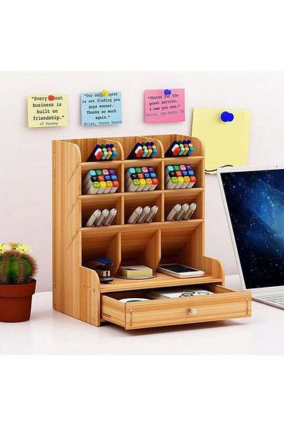COOYA صندوق منظم مكتب خشبي مع حامل أقلام، 12 حجرة ودرج، تصميم متين، 21 × 15 × 25.5 سم
