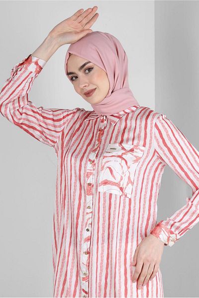 Alvina Striped Buttoned Pocket Detailed Tunic 43707