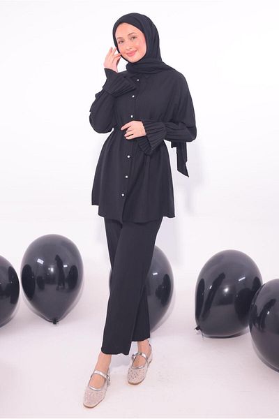 TRENDTESETTÜR Women's Black Pleated Detail Pants Suit t 3474