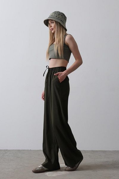 Moda Asmira Wide Leg Trousers with Elastic Waist - Khaki
