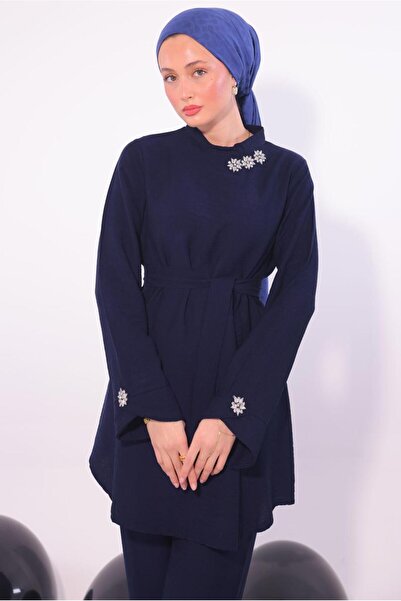 TRENDTESETTÜR Γυναικείο Navy Blue Stone Λεπτομερές Σετ Pantalon T 5084