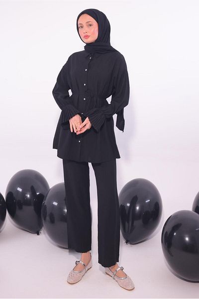 TRENDTESETTÜR Women's Black Pleated Detail Pants Suit t 3474