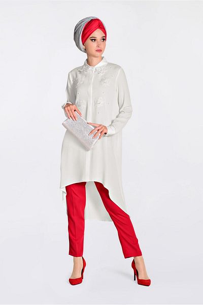 Alvina Wide Cut Tunic with Gipper and Beads Embroidered 4237