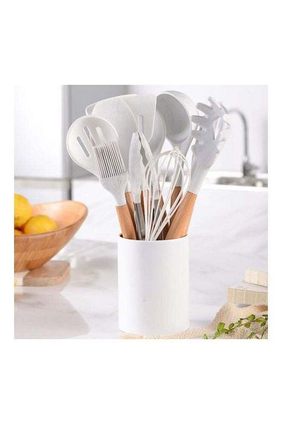 Generic 11 Pieces Silicone Cooking Utensil Set with Wooden Handle White 10.50 x 10.50 x 1.237cm