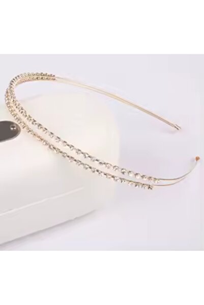 REBORN DESIGN Minimal Sıralı Zirkon Taş Detaylı İkili Gold Renk Kadın Metal Taç