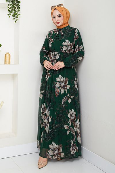 ModaMerve Φόρεμα Hijab με μοτίβο λουλουδιών 5035ANT904-M Emerald