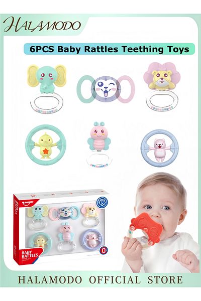 HALAMODO 6PCS Baby Rattles Teething Toys Infant Baby Toys for Sensory Development Montessori Baby Gifts