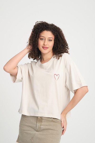 Store 100% Cotton Crew Neck Short Sleeve T-Shirt - Stylish Heart Detail