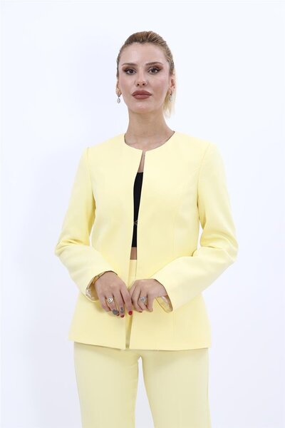 Plus Size - Oval Neck Long Jacket-Yellow