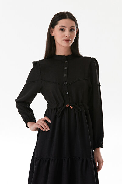 Fulla Moda Fullamodest Beli Bağlamalı Hakim Yaka Elbise