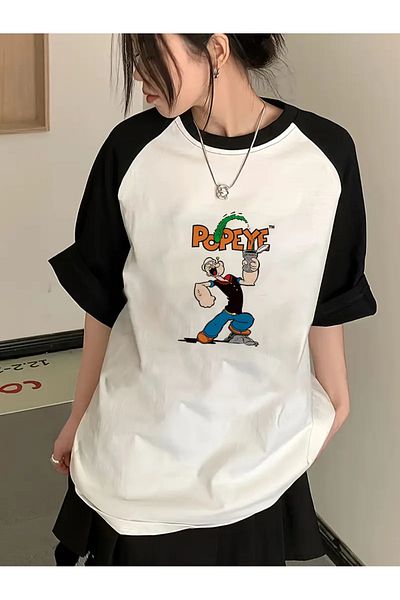 Touz Moda Μπλουζάκι Y2K Popeye Cartoon White Raglan Sleeve Oversize