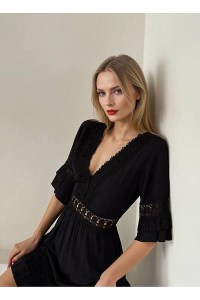 FASHION COCKTAIL Romantic Lace Sleeve Embroidered Bohemian Seaside Summer Vacation Dress with V-Neck Fitted Waist