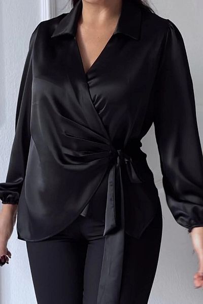 FOXY Freaky Collection Bluză cămașă cu guler dublu din satin - oversize