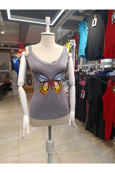 JANES Women's Butterfly Printed Sandy Fabric Strap Blouse