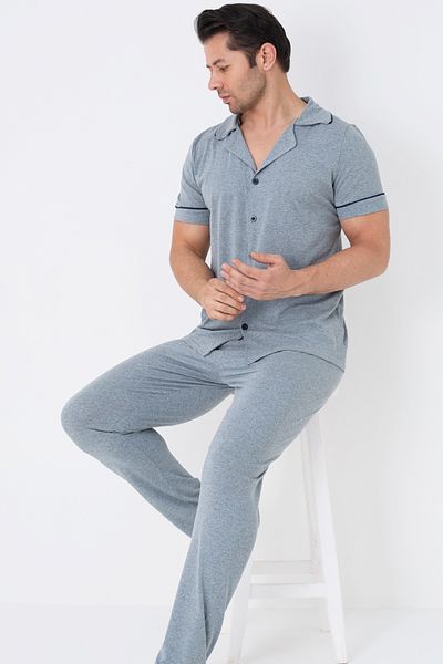 Siyah İnci blue melange Costum de pijama pentru bărbați cu mânecă scurtă, guler, cu nasturi7822