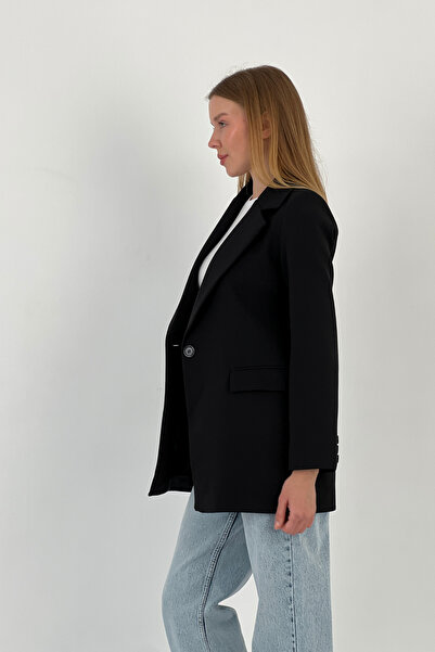 Miss Poem Women's Summer Buttoned Office Blazer Long Black Jacket