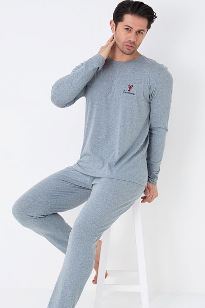 Siyah İnci Costum de pijama pentru bărbați tricotat cu mânecă lungă albastru melange7795