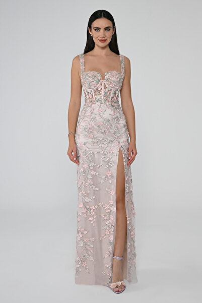 ALFABETA فستان ألفا بيتا لفستان السهرة مع فتحة الخصر الشفافة