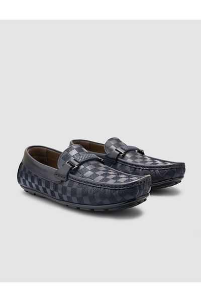 Cabani 100% Genuine Leather Navy Blue Buckle Detailed Men's Loafer