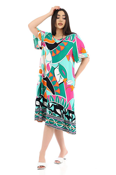 SCHIK Women's Viscose Half Sleeve O Neck Pocket Ruffle Dress Green