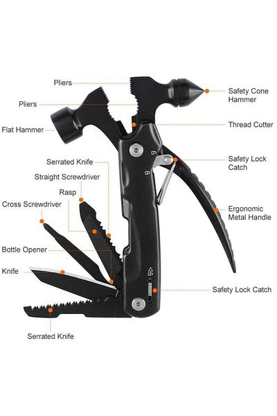fulina 12 in1 Multifunction Hammer,Portable Tool,Made in Durable 3CR13 Stainless Steel,For Camping,Black