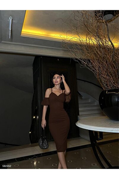 Modafeminen Crepe Fabric Shoulder Detailed Dress 582452 Brown