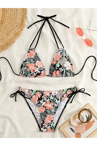 TRAJE DEN Strap, Neck Tie. Back Lacing Side High Cut Back Cutout Bikini Suits Two Piece