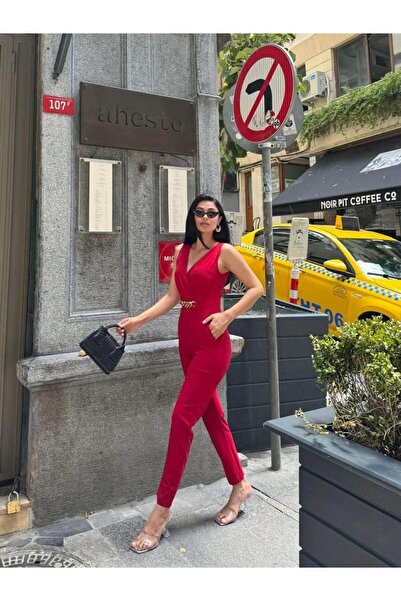Modafeminen İthal Krep Kumaş Zincir Detaylı Tulum 582407 Kirmizi