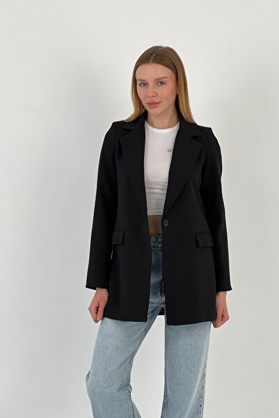 Miss Poem Women's Summer Buttoned Office Blazer Long Black Jacket