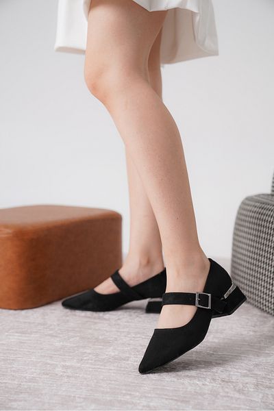 Moda Değirmeni Căprioară neagră pentru femei, cu cataramă de piatră, cu toc gros, elegant, clasic, MD1708-119-0002