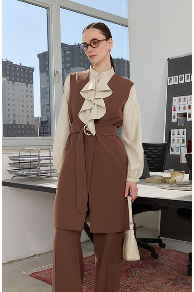 Fatma Atasoy Double Belted Chocolate Brown Vest