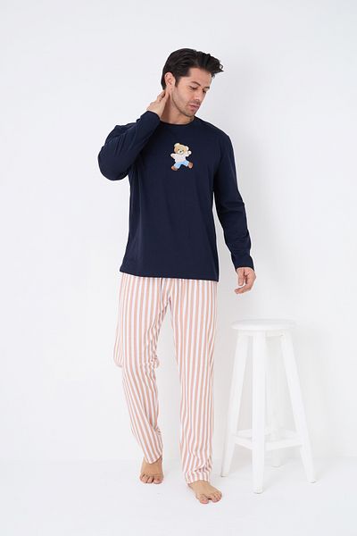 Siyah İnci Navy Blue Mink White Line Pattern Printed Long Sleeve Knitted Men's Pajama Suit7834