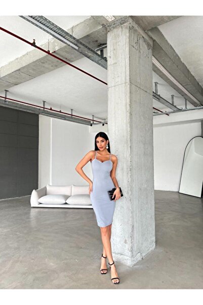 Modafeminen Kalp Yaka Kalın Askılı Krep Kumaş Kalem Elbise 581812 Gri