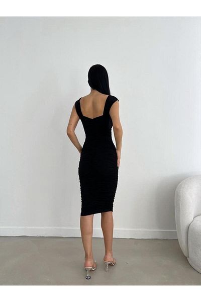 Modafeminen Square Neck Draped Sandy Fabric Wide Strap Dress Black 582428