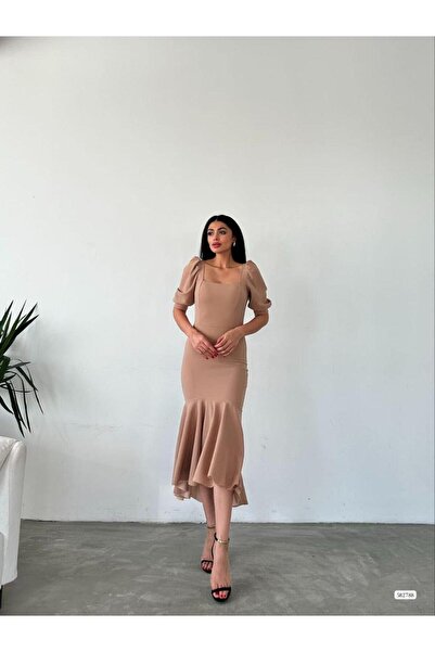 Modafeminen Kare Yaka Eteği Fırfır Detay Midi Boy Abiye 582788 Vizon