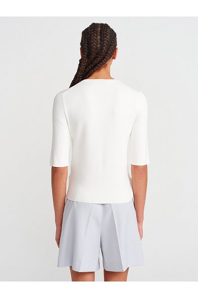 Dilvin 10743 Crew Neck Buttoned Knitwear Blouse-Ecru