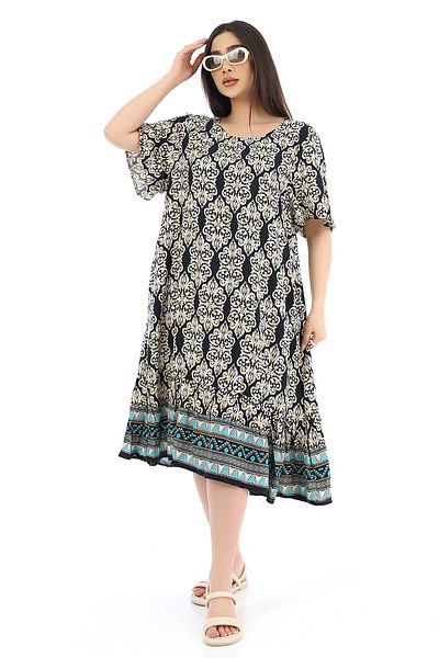 SCHIK Rochie de damă din viscoză cu jumătate de mânecă, cu decolteu O, cu buzunare, cu volane, cu model