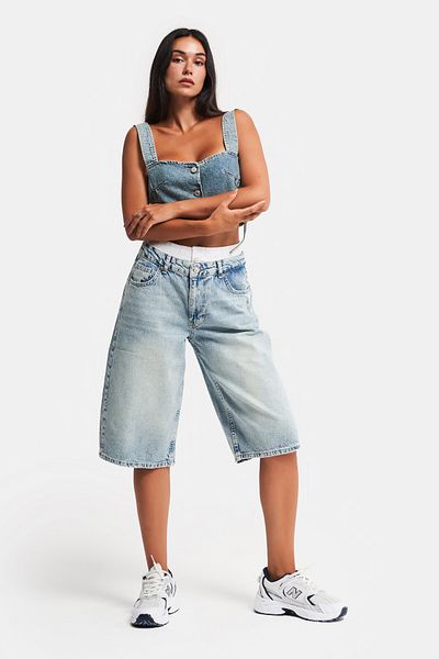 its basic Dámské g Jeans Color Super dlouhé boxerky Detail Široké džínové šortky
