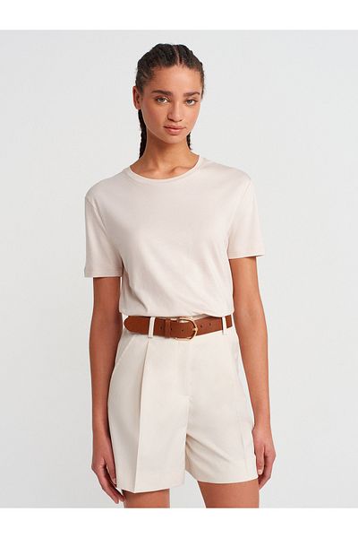Dilvin 31791 Crew Neck T-Shirt-Light Beige
