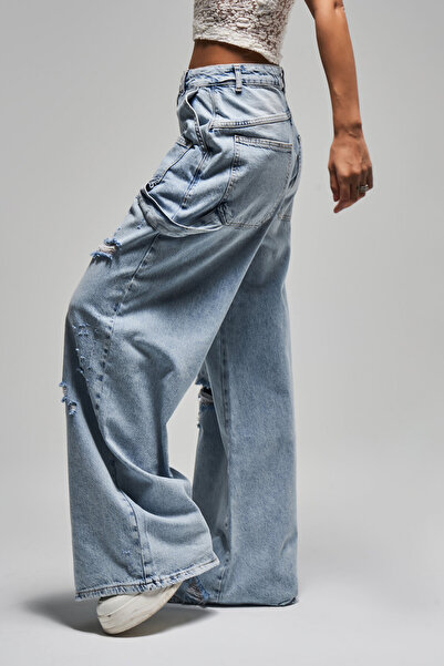 its basic Kadın Kot Rengi 12S5-3 Mega Baggy Fit Süper Bol %100 Koton Orta Bel Denim Jean