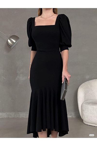 Modafeminen Φούστα με τετράγωνο γιακά βολάν Λεπτομέρεια Midi βραδινό φόρεμα 582788 Μαύρο