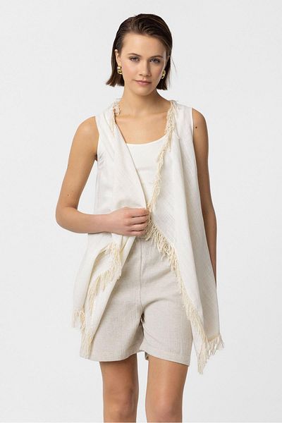 Deriderim Cream Asymmetrical Cut Tasseled Cotton Vest