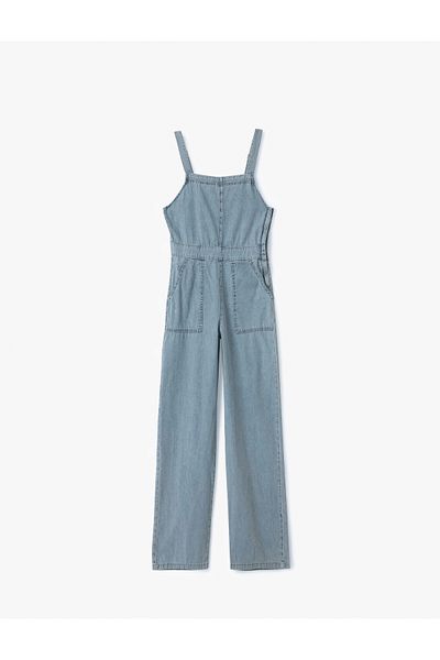 Koton Square Neck Pocket Stitching Detailed Sleeveless Denim Jumpsuit
