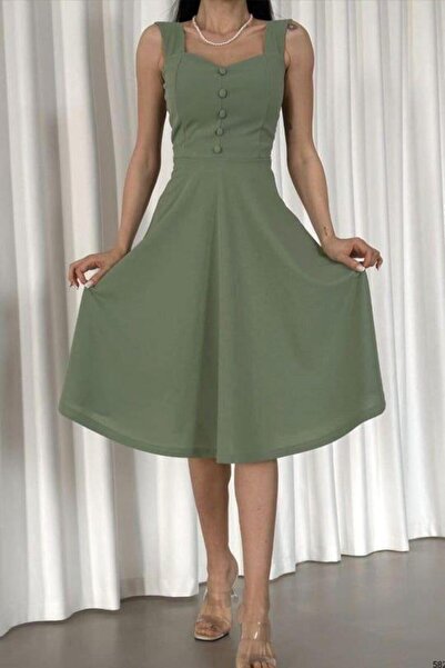 Modafeminen Askılı Kalp Yaka Midi Boy Krep Kumaş Abiye Elbise 582187 Mint